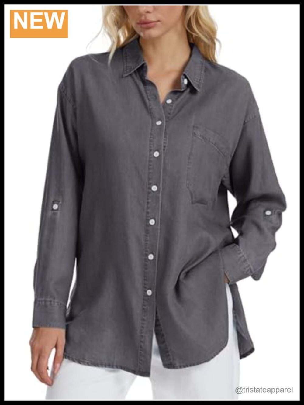 Women's Lyocell Chambray Button Down Shirt Long Sleeve Relaxed Fit Casual
